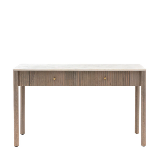 Wooden console table with white marble top on a white background