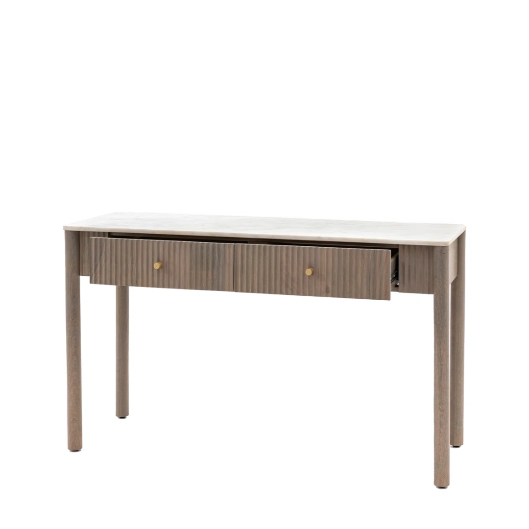 Wooden console table with white marble top on a white background
