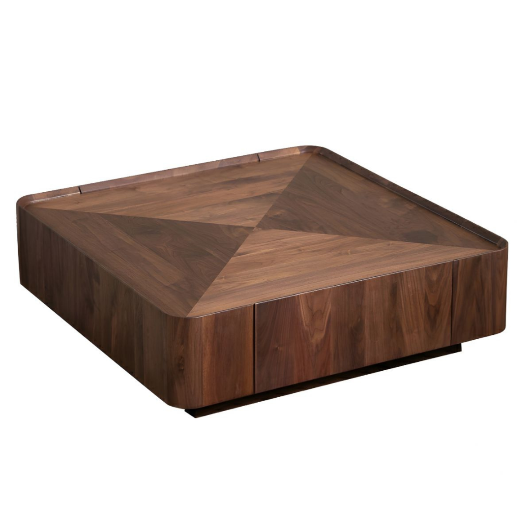 Modern walnut square coffee table with sculpted top white background.