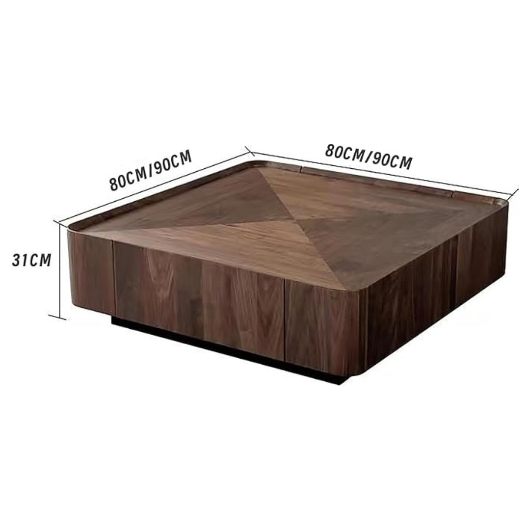 Modern walnut square coffee table with sculpted top in a living room setting, dimensions.