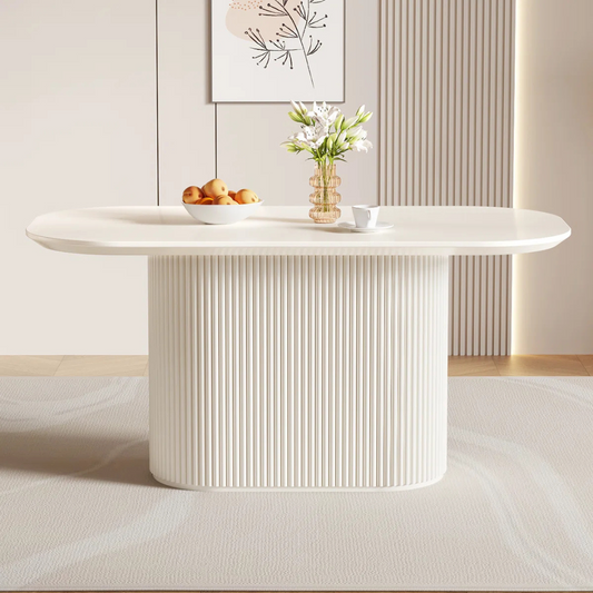 Modern White Oval Dining Room Table, front view in a modern home.