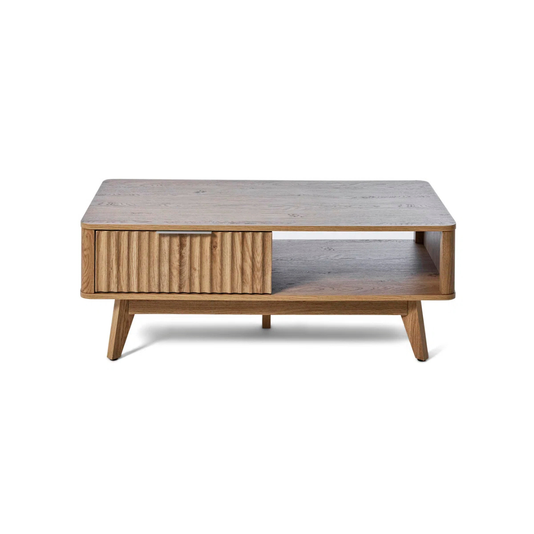 Modern wooden coffee table with drawer and shelf, white background.