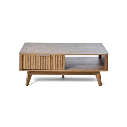 Modern wooden coffee table with drawer and shelf, white background.