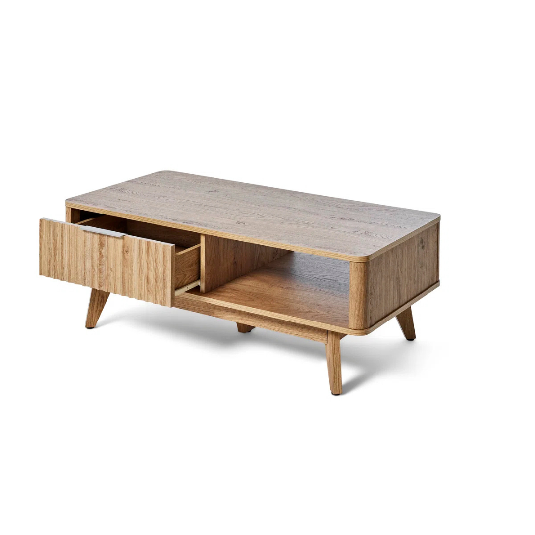 Modern wooden coffee table with drawer and shelf, with the drawer open, with a white background.