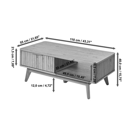 Modern wooden coffee table with drawer and shelf, dimensions.