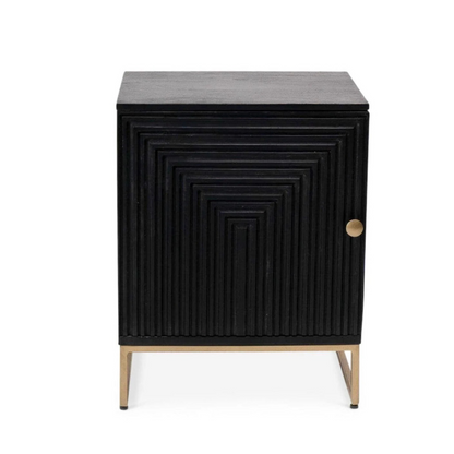 Black textured side table with gold legs on a white background
