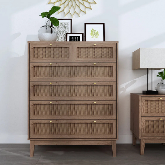 Modern Boho Rattan Chest Of Drawers 6, set in a modern home along side matching bedside table.