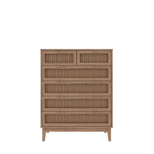 Modern Boho Rattan Chest Of Drawers 6, front view white background.