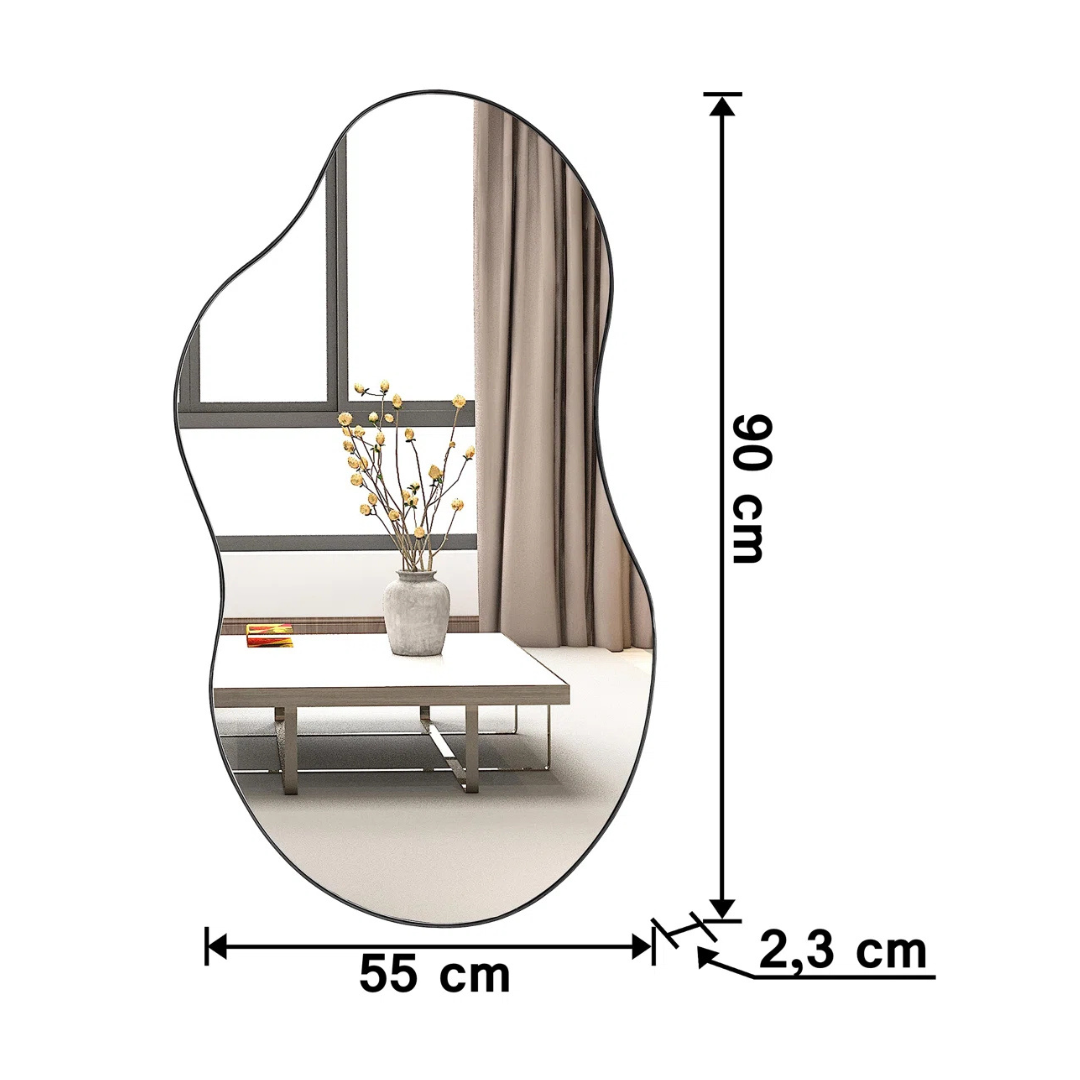 Wall mirror with dimensions showing a room view and measurements.
