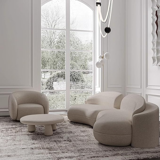 Modern Modular Curved White Boucle Sofa, set in a modern home, side view.