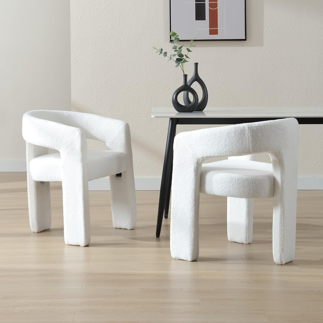 Modern White Dining Chairs Upholstered in a modern dining room side view