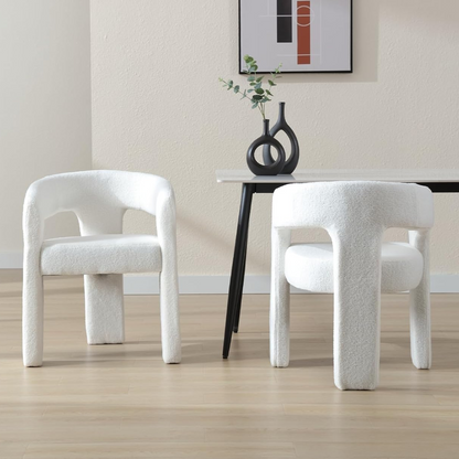 Modern White Dining Chairs Upholstered in a modern dining room front view