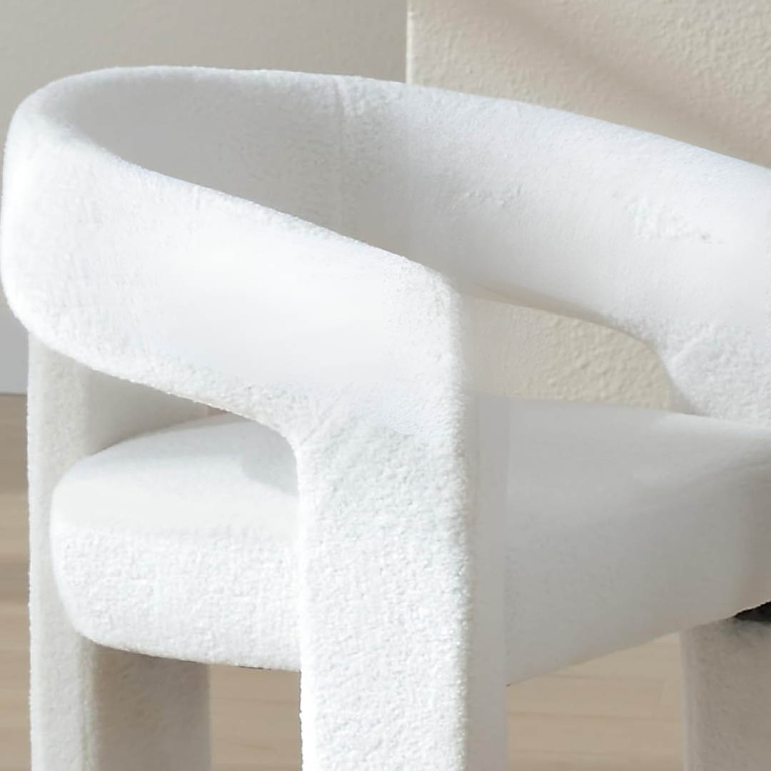 Modern White Dining Chairs Upholstered close up of the boucle fabric