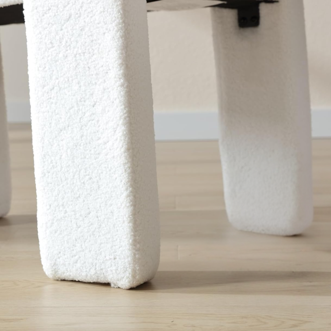 Modern White Dining Chairs Upholstered close up of the boucle fabric legs 