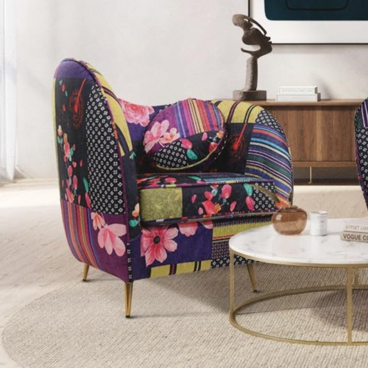 Multi Colour Curved Accent Patchwork Armchair, set in a modern home.