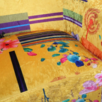 Multi Coloured Yellow Accent Patchwork Armchair, close up of patchwork design.