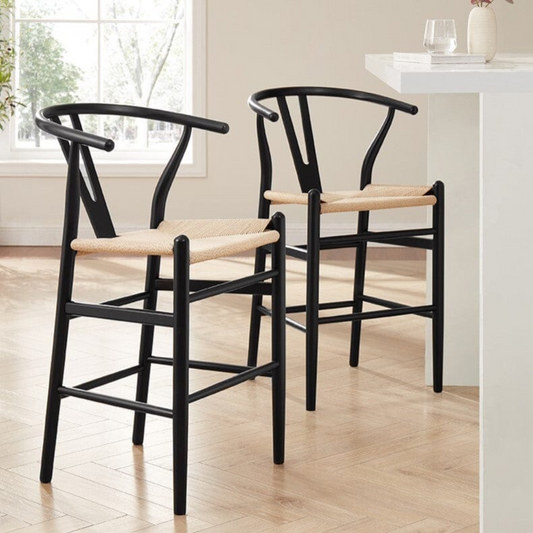 Natural Weave Wishbone Black Kitchen Stools styled on a modern kitchen island