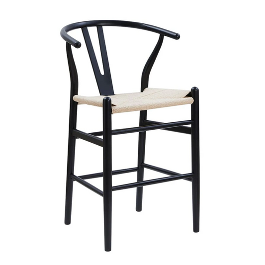 Natural Weave Wishbone Black Kitchen Stools front view