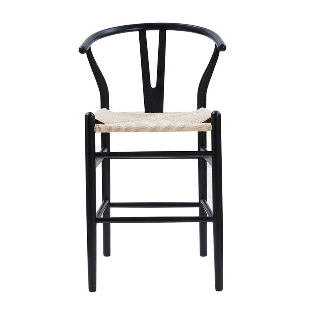 Natural Weave Wishbone Black Kitchen Stools front view against a white backgorund