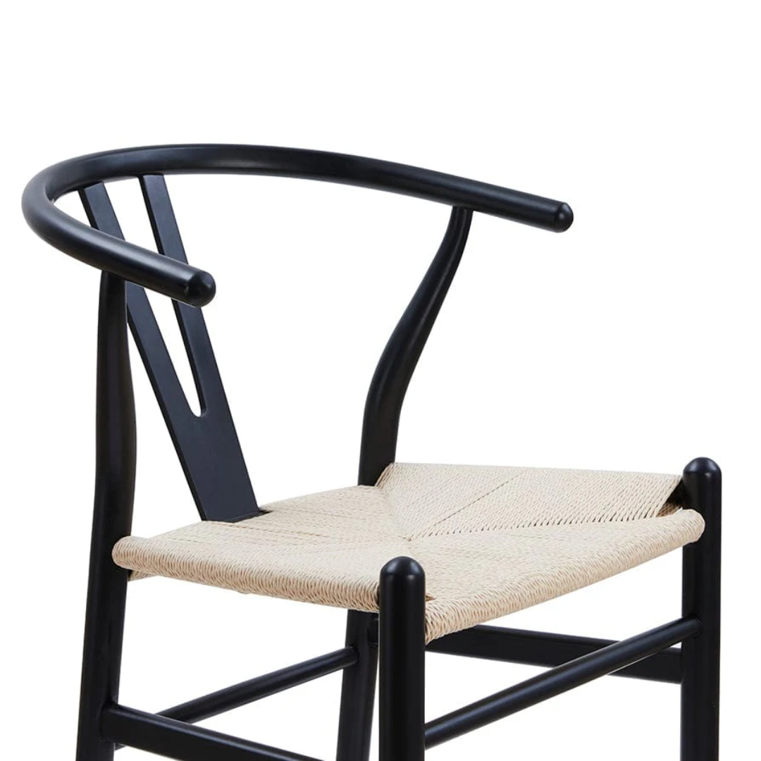 Natural Weave Wishbone Black Kitchen Stools close up of the solid wood backrest