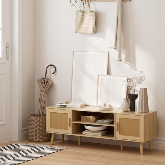 Natural Wood Scandi TV Stand, used by the front door to hold ornaments.