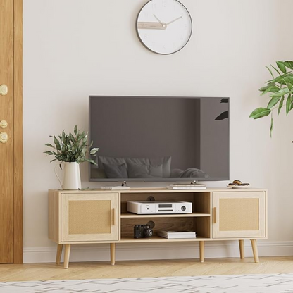 Natural Wood Scandi TV Stand, set in a modern home with tv.
