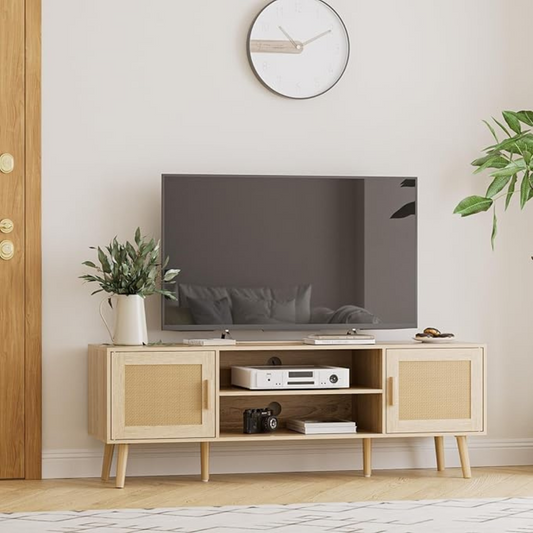 Natural Wood Scandi TV Stand, set in a modern home with tv.