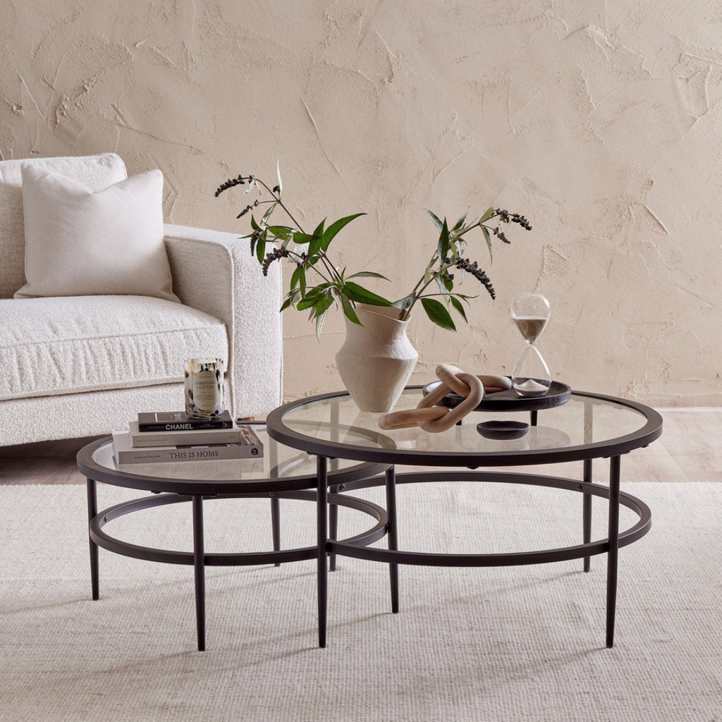 Modern living room with a glass coffee table, books, a vase, and a plant.