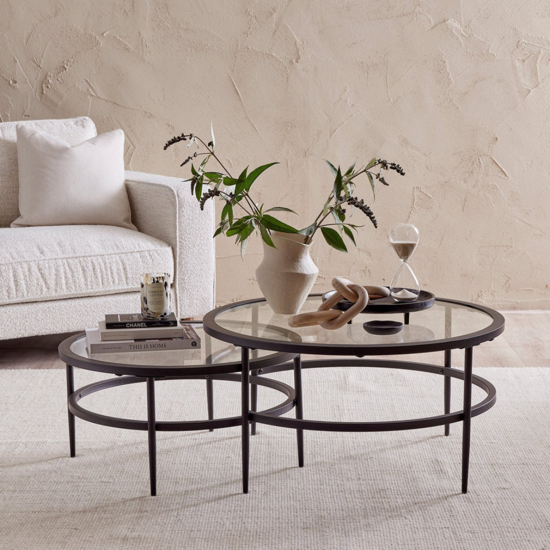 Modern living room with a glass coffee table, books, a vase, and a plant.