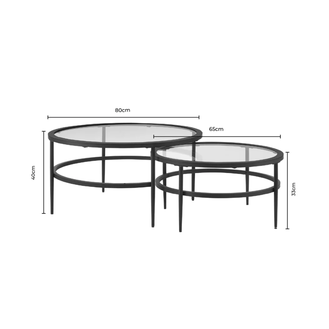 Set of two round glass tables with black metal frames, shown with dimensions on a white background.