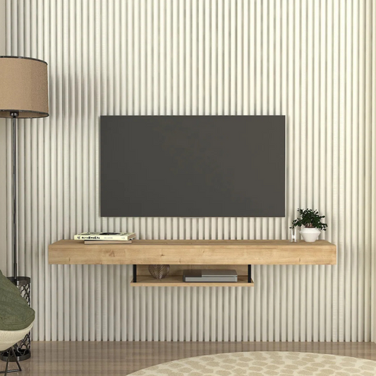 Oak Finish Floating TV Shelf, front view, in a modern home.