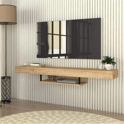 Oak Finish Floating TV Shelf, angled view, sat underneath a TV.