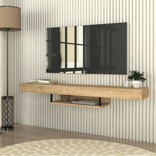 Oak Finish Floating TV Shelf, angled view, sat underneath a TV.