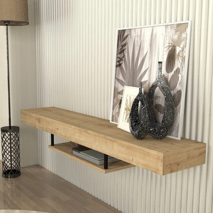 Oak Finish Floating TV Shelf, angled view in a modern home.