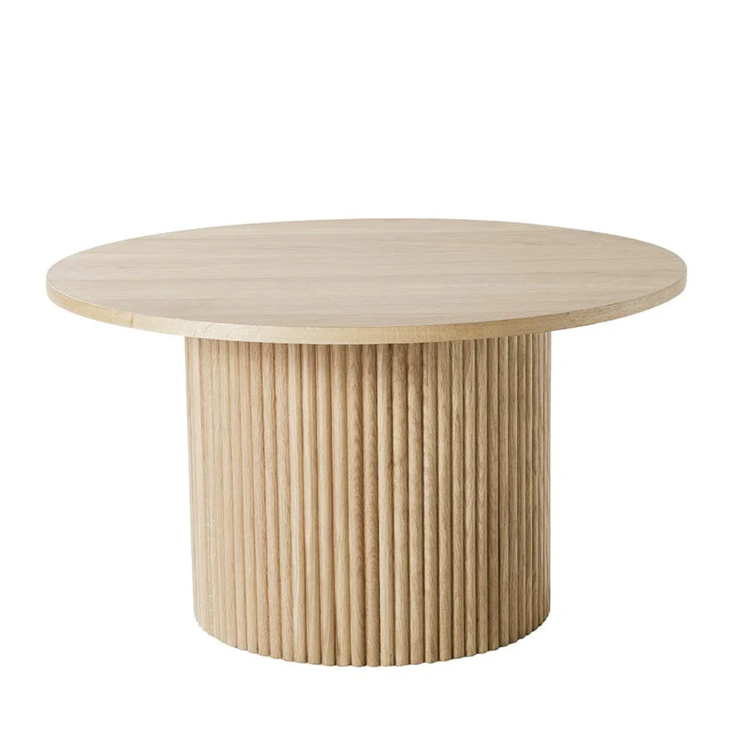 Round wooden table with a ribbed cylindrical base on a white background