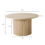 Round wooden table with dimensions labeled on a white background