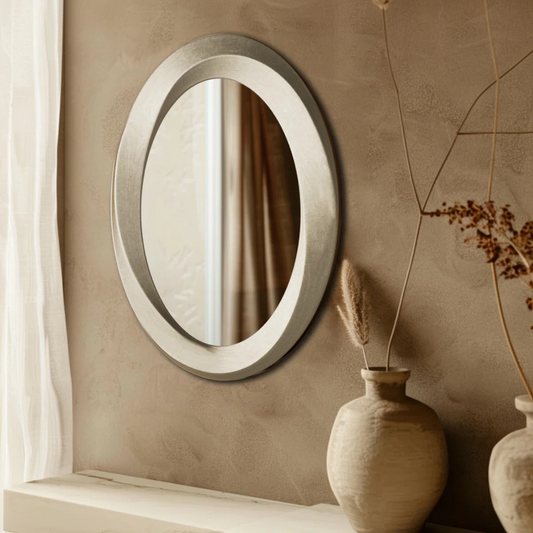 Oval Contemporary Baroque Style Mirror, styled in a tanned model home.