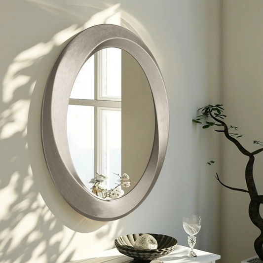 Oval Contemporary Baroque Style Mirror, set in a modern model home.