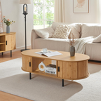Wooden coffee table in a living room with a sofa and decorative items.