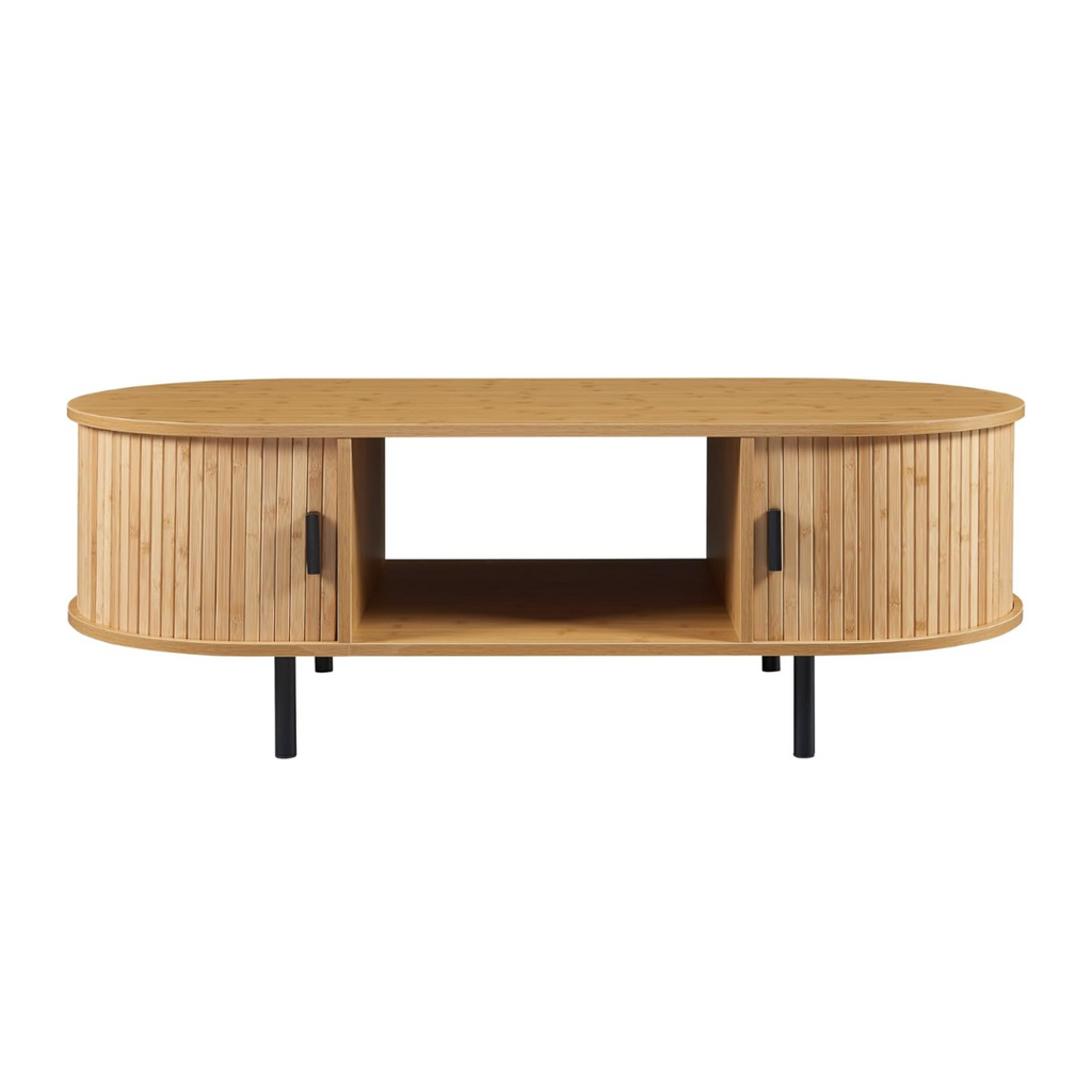 Wooden TV stand with curved design on a white background