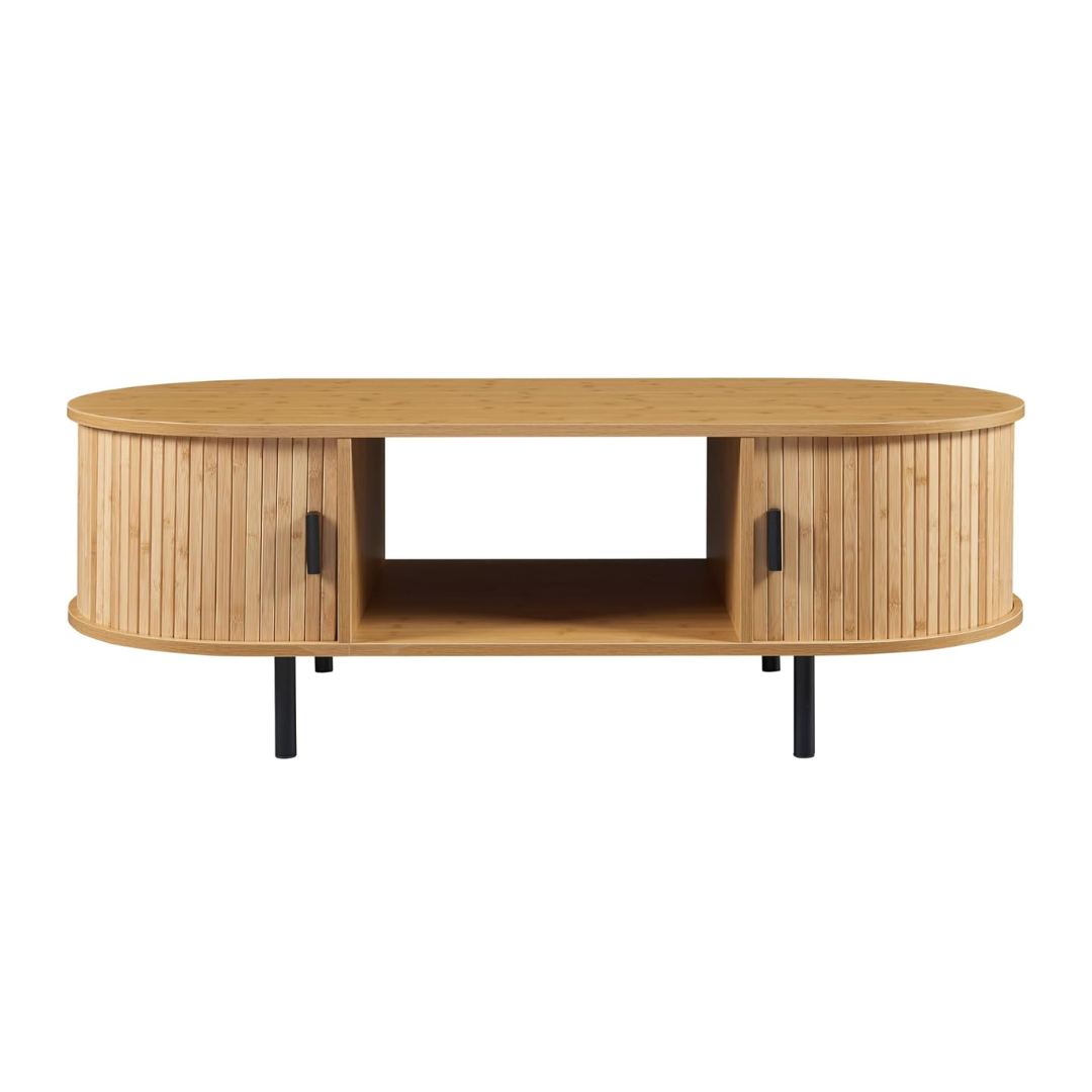 Wooden TV stand with curved design on a white background