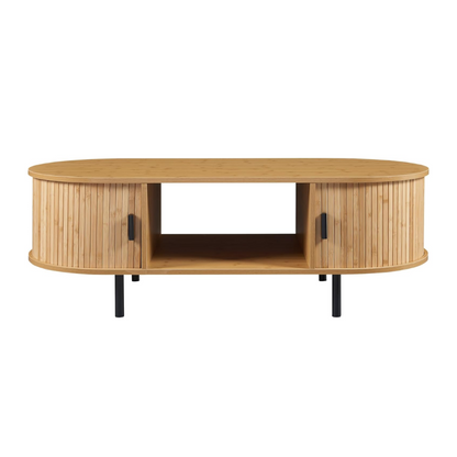 Wooden TV stand with curved design on a white background