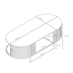 Technical drawing of an oval-shaped object with dimensions labeled