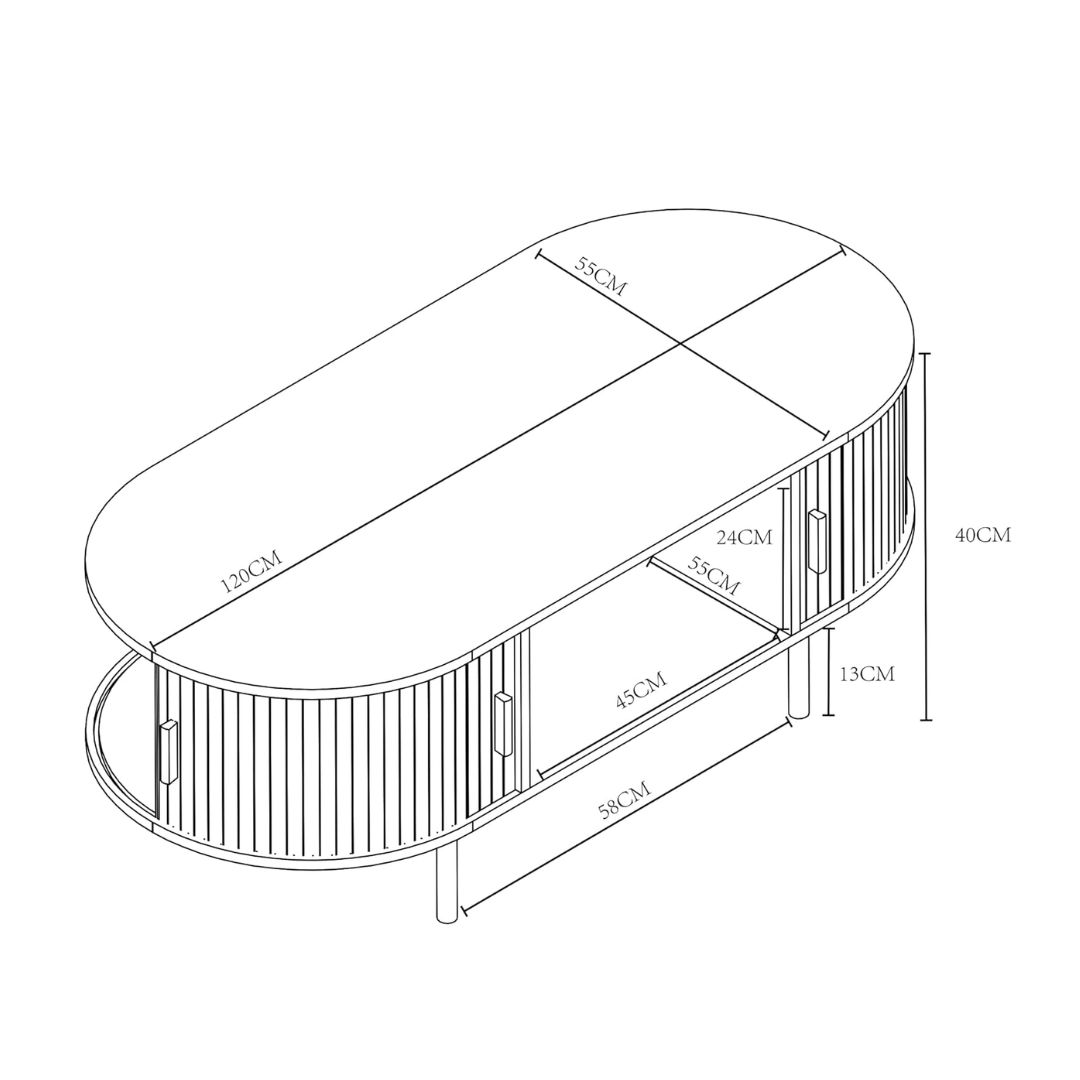 Technical drawing of an oval-shaped object with dimensions labeled