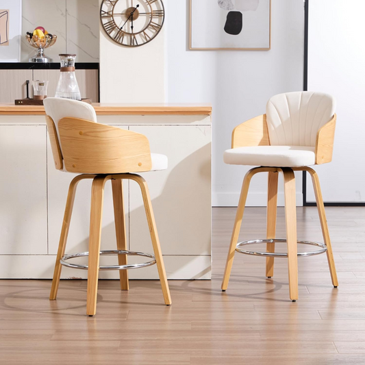 Padded Wooden Swivel Bar Stools with Back – Set of Two styled in a modern kitchen front view and back view