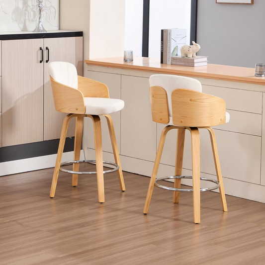 Padded Wooden Swivel Bar Stools with Back – Set of Two positioned in a  modern kitchen 
