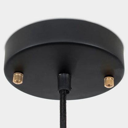 Black ceiling mount with gold screws on a white background