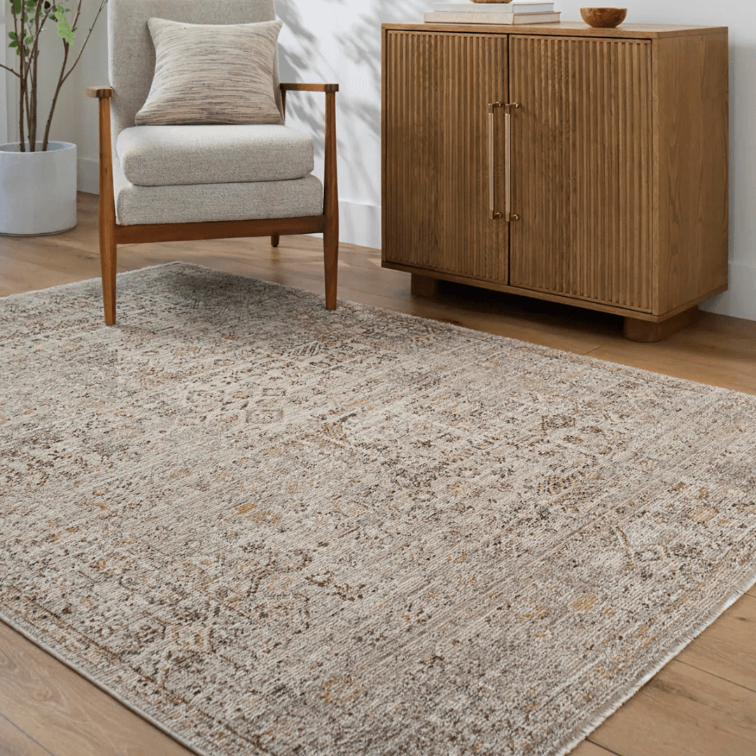 Living room with a patterned rug, armchair, and wooden cabinet.