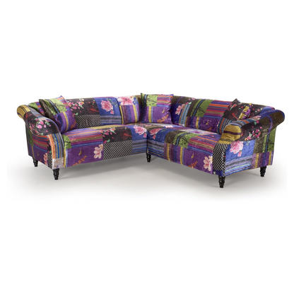  Purple Multi Coloured Patchwork Corner Sofa, white background.