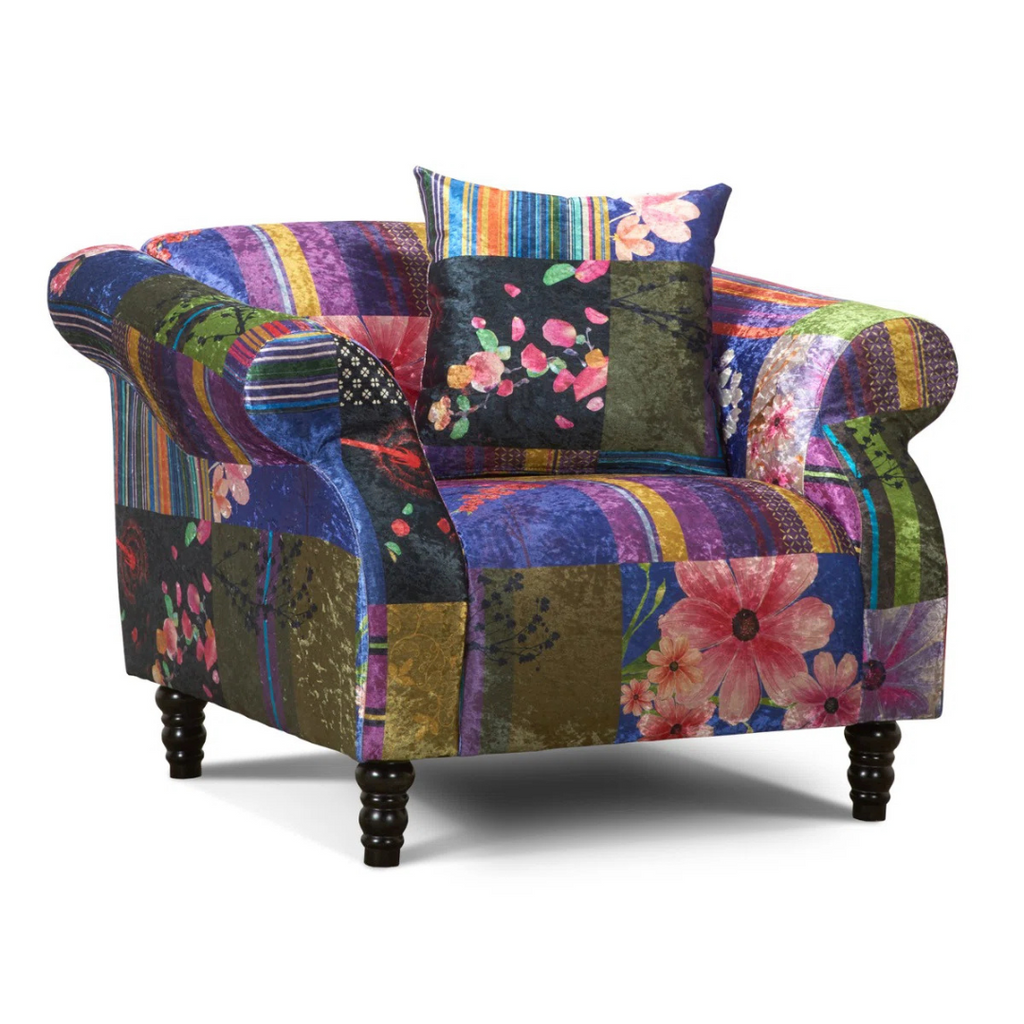 Purple Patchwork Funky Accent Chair, front view.